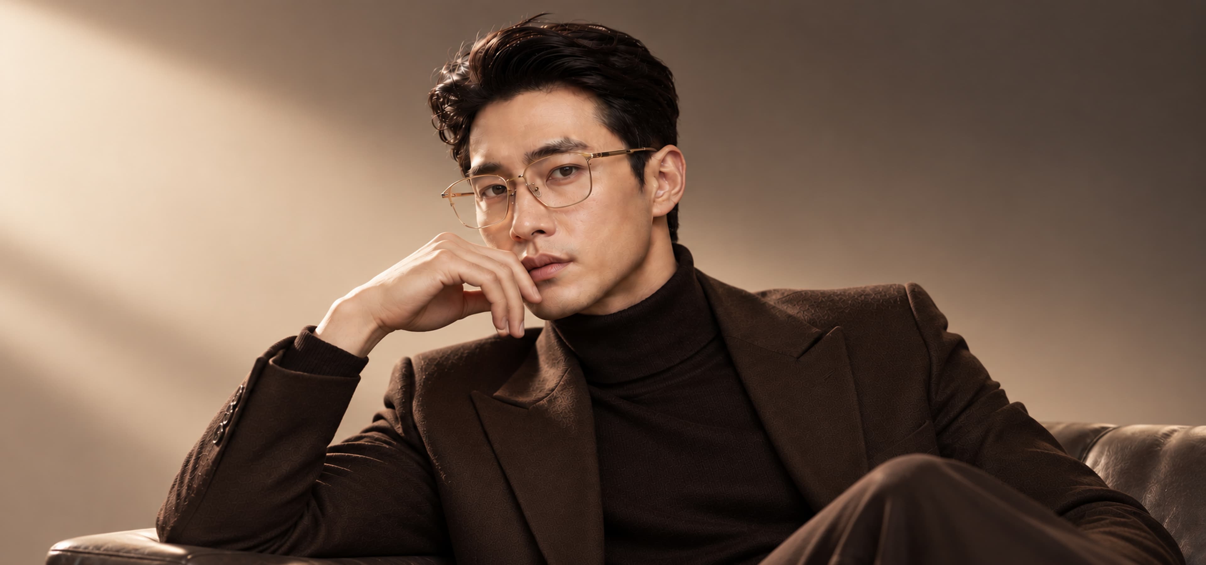 A SONA frame worn in a quiet studio portrait